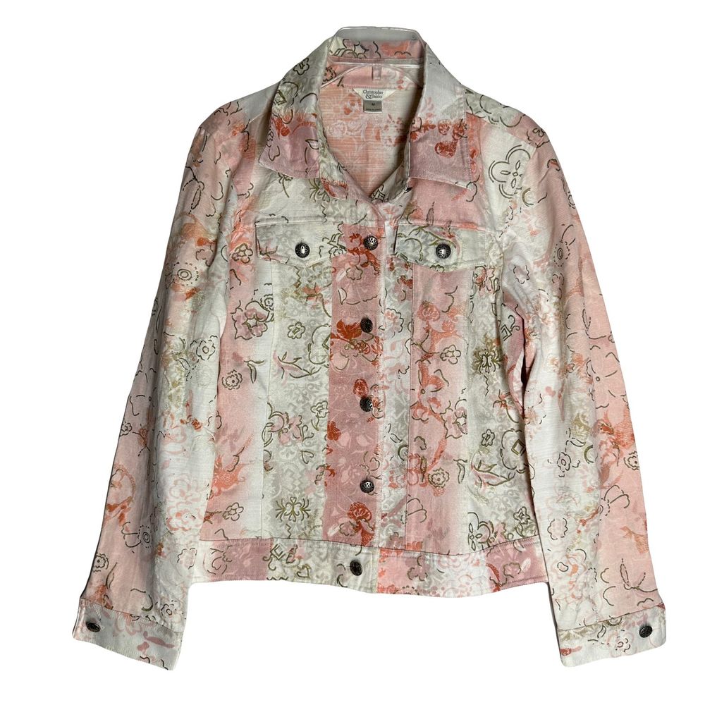CJ Banks Womens Button Down Jacket Size M Pink Floral Print Long Sleeve